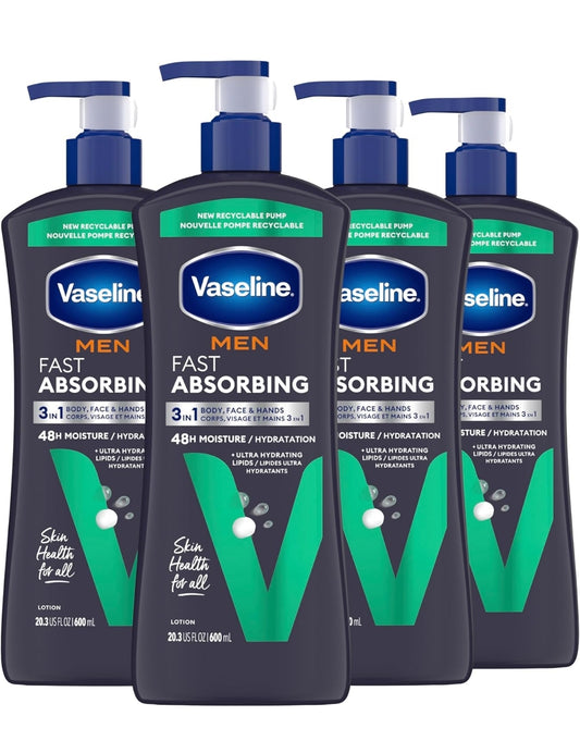 Vaseline Men Vinnig Absorberende 3-in-1 Gesig-, Hande- en Liggaamroom vir Mans, 4-pak Vir Droë Vel, Trek in Net 15 Sekondes vir Bevogtigde Vel 600ml