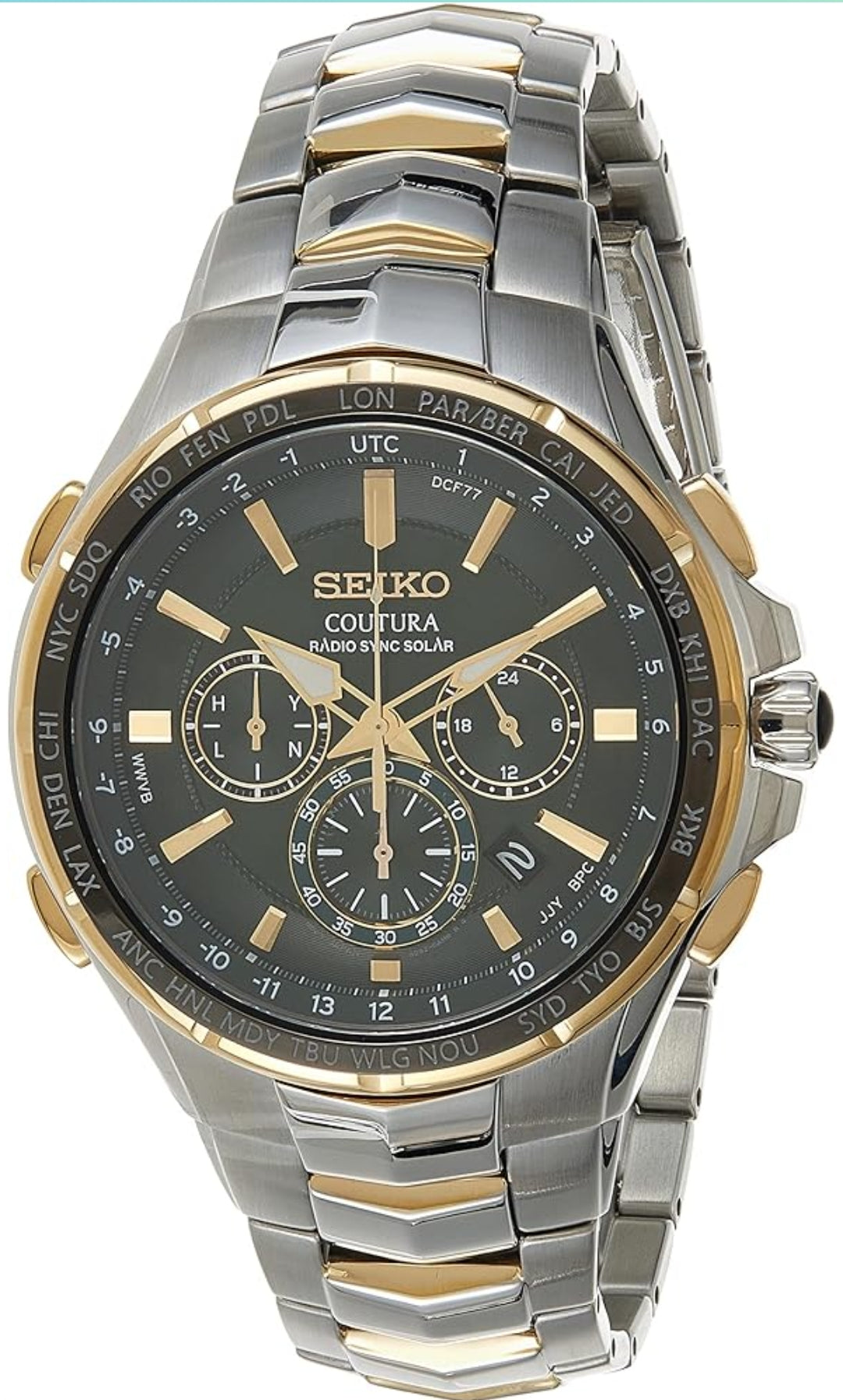 SEIKO Horlosie vir Mans - Coutura Versameling - Radio Sinkroniese Sonkrag Chronograaf, Tweekleurige Vlekvrye Staal Kas en Armband, Swart Wysplaat met Lumibrite Wyser en Merkers, en Datum Kalender