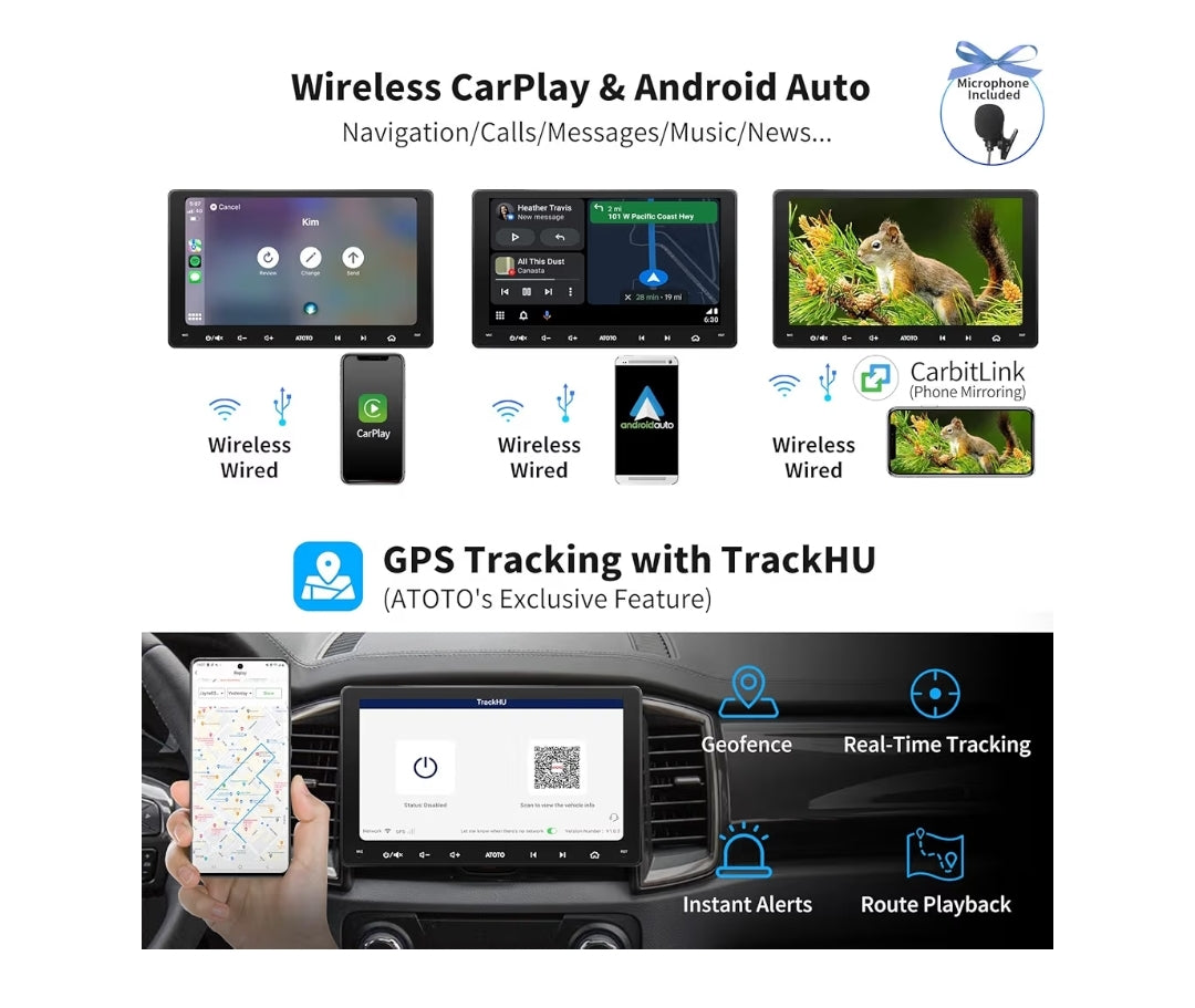 9" Android Dubbel Din Motor Stereo, 4G LTE, Wi-Fi/BT/USB tethering, Draadlose CarPlay & Android Auto, Dubbele Bluetooth, HD Lewendige Agteruitry Kameras, DSP&SCVC, KI Klets