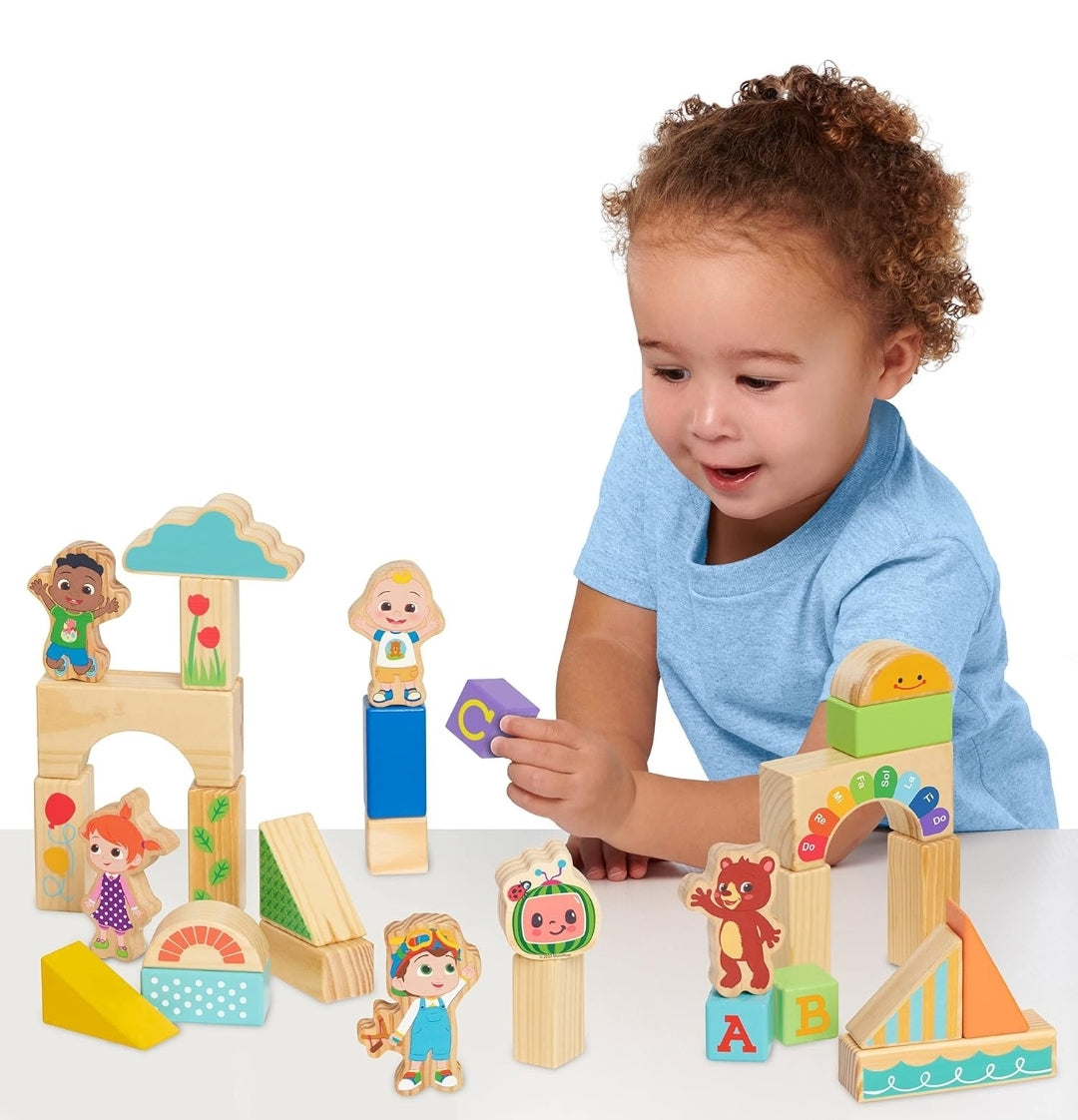 CoComelon JJ & Friends Wood Block Set, 30-Pieces, Recycled Wood, Officially Licensed Kids Toys for Ages 18 Month by Just Play