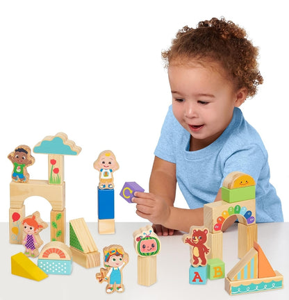CoComelon JJ & Friends Wood Block Set, 30-Pieces, Recycled Wood, Officially Licensed Kids Toys for Ages 18 Month by Just Play
