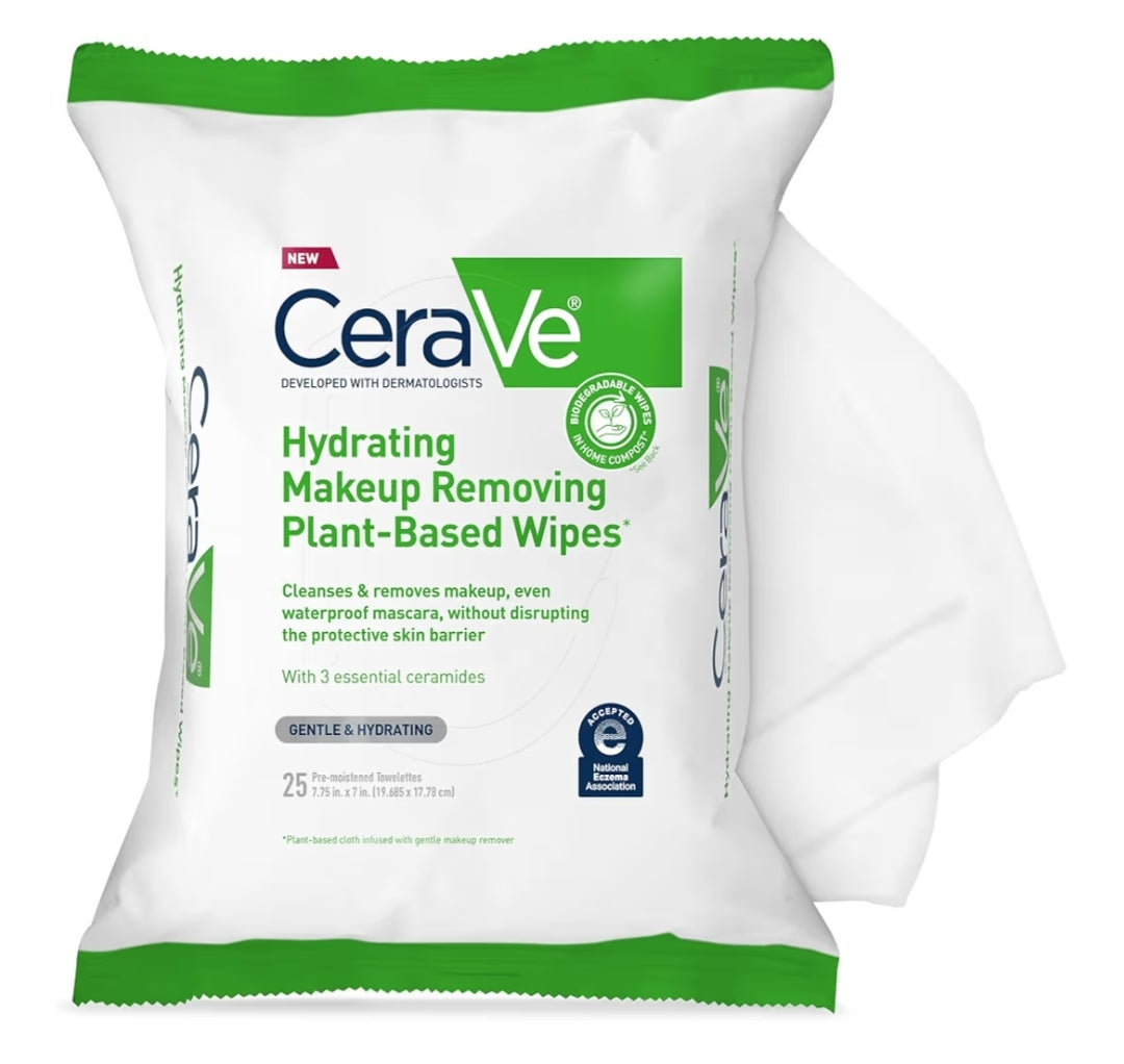 CeraVe Grimeringverwyderingsdoekies, Plantgebaseerde Gesigsdoekies Waterlose Gesigwas Geskik vir Sensitiewe Vel Nie-komedogenies (25st)