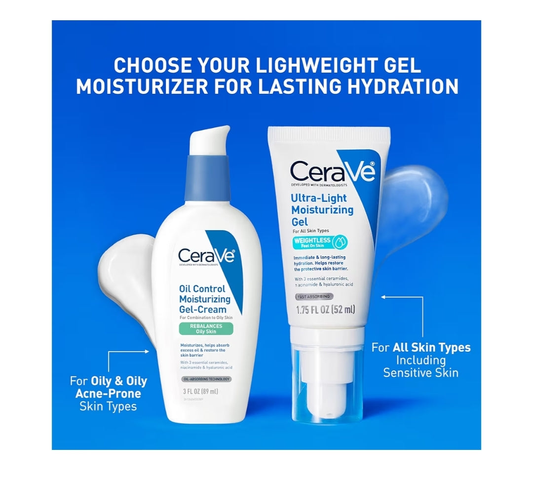 CeraVe Ultra-Light Moisturizing Gel, Hidrerende Gel Gesigbevogtiger met Seramiede, Niasinamied, Hialuronzuur, sonder Geur - 1.75 FL oz