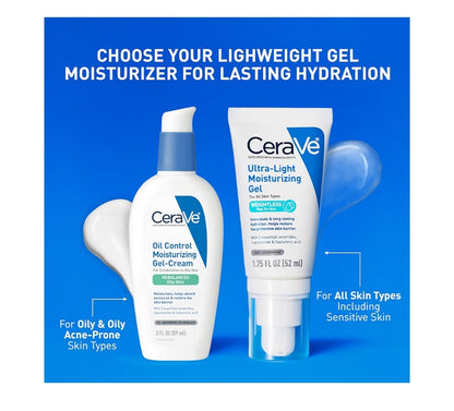 CeraVe Ultra-Light Moisturizing Gel, Hidrerende Gel Gesigbevogtiger met Seramiede, Niasinamied, Hialuronzuur, sonder Geur - 1.75 FL oz