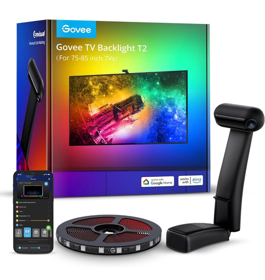 Envisual TV-agterlig T2 met dubbele kameras, 16.4vt RGBIC Wi-Fi LED-agterligte vir 75-85 duim-TV's, dubbele ligkrale - slimtoepbeheer