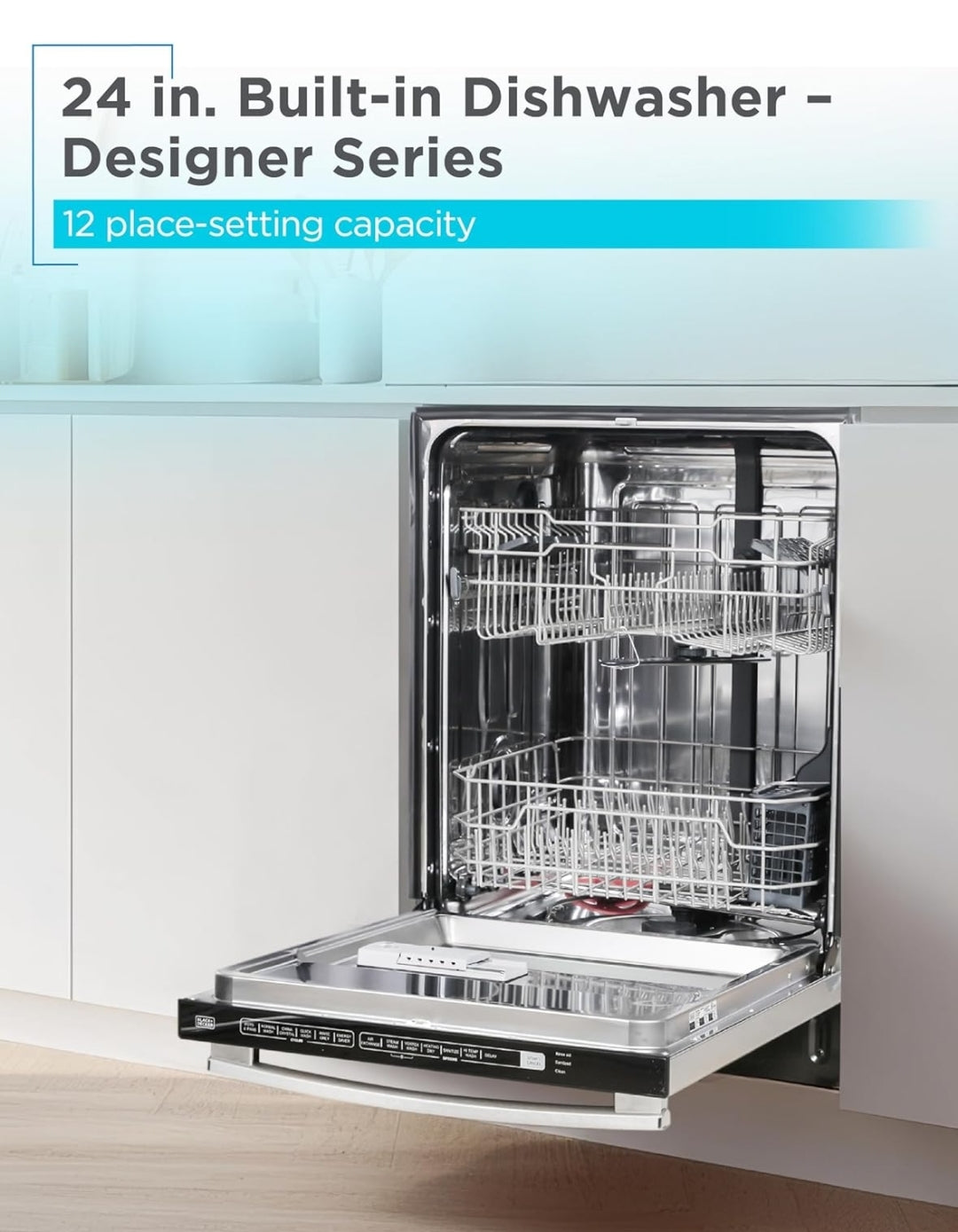 BLACK+DECKER 24" Ingeboude Skottelgoedwasser, Ontwerpersreeks, 12 Plekinstellingkapasiteit met Vlekvrye Staalbad, Skottelgoedwasser met 6 Wasprogramme, Lae Geraas, ENERGY STAR Gesertifiseer, BDW300MHS