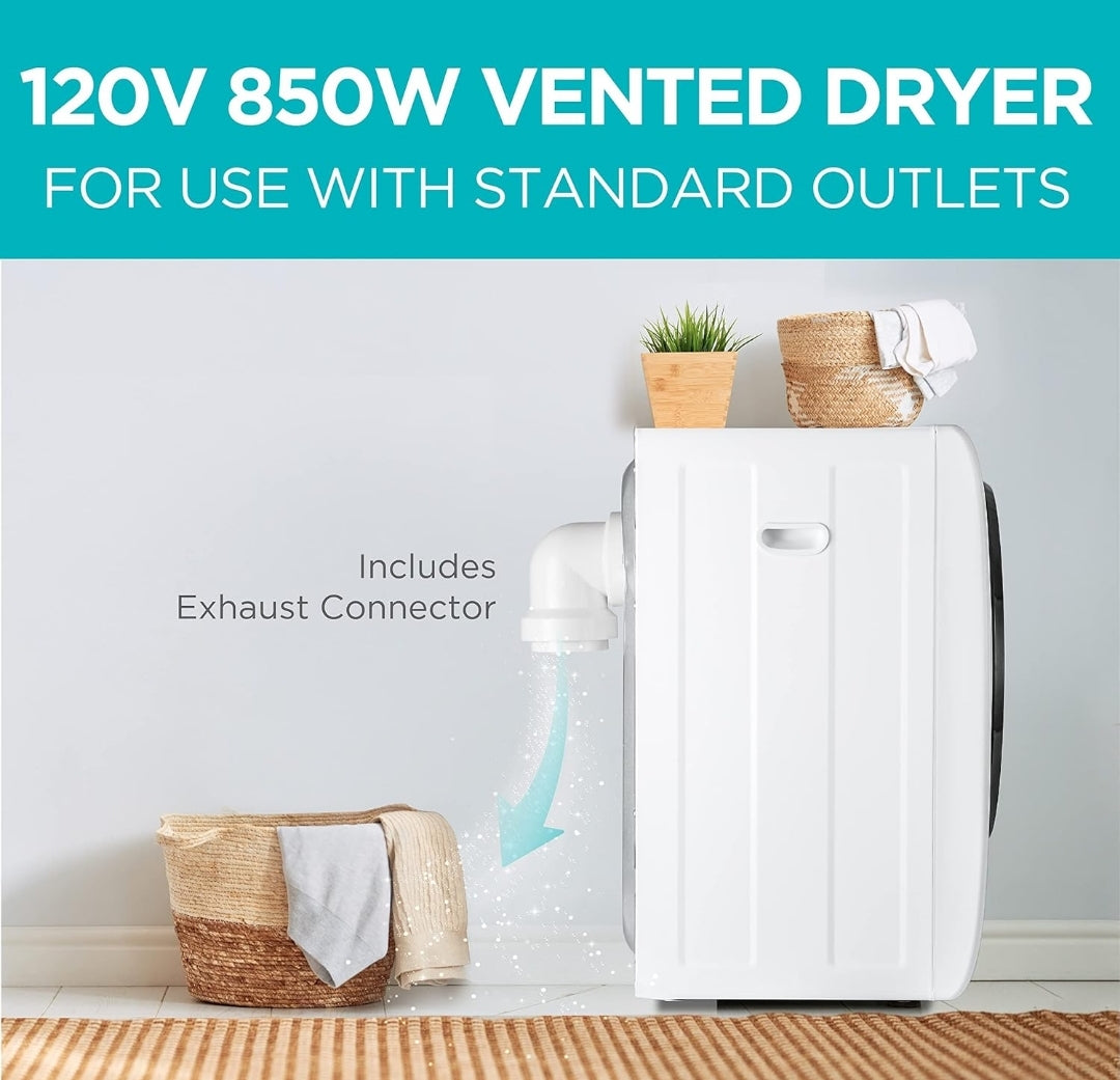 BLACK+DECKER 1.5 Kub. Vt. Kompakte Droër, 2.5 kg Kapasiteit, 850W 120V Geventileerde Elektriese Droogmasjien met Vlekvrye Staal Trommel, Draagbare Droër vir Wasgoed vir Standaard Muurprop, BCED15, Wit