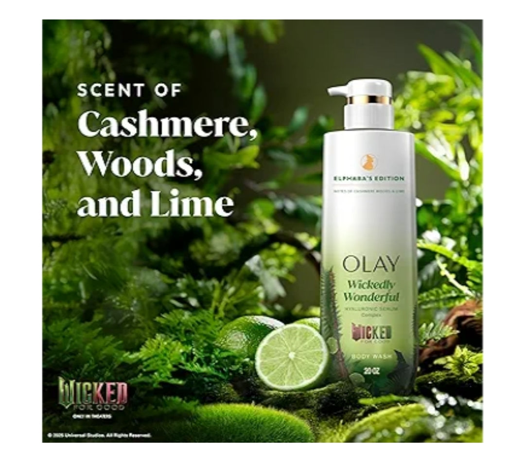Olay Body Wash Wickedly Wonderful Elphaba’s Edition, Intensely Hydrating Pro-Hyaluronic Acid Serum w/ Vitamin B3 -  Cashmere Woods & Lime Scent (2 ct)