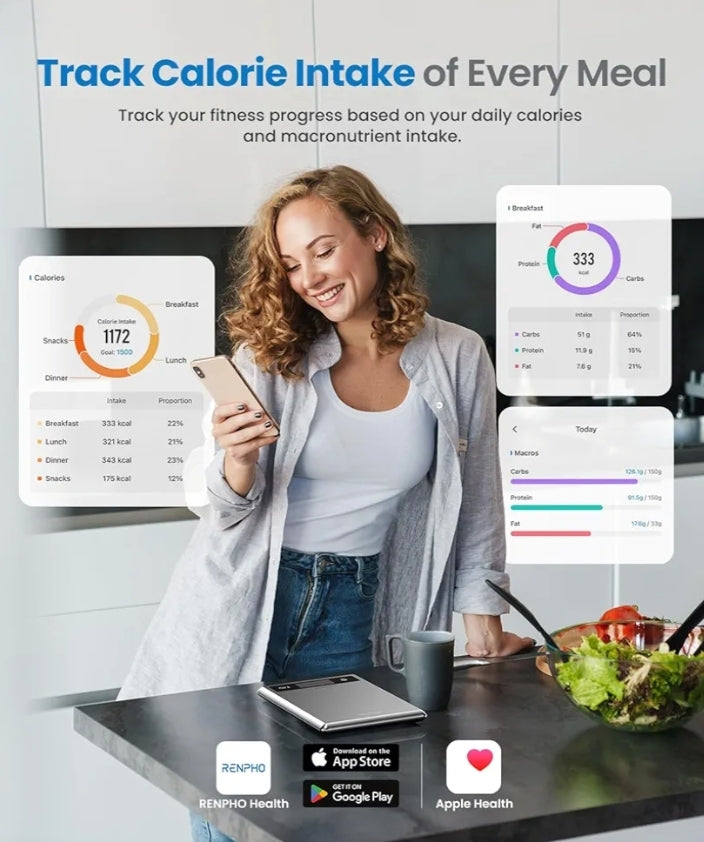 Smart Food Kitchen Scale, Food Weight Scale Grams and Ounces for Weight Loss, Calorie, Macro and Cooking - Stainless Steel