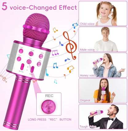 Draadlose BT 5-in-1 Draagbare Handheld Karaoke Mikrofone Luidspreker Speler Opnemer m/ Verstelbare Remix FM Radio vir Kinders – Warm Pienk