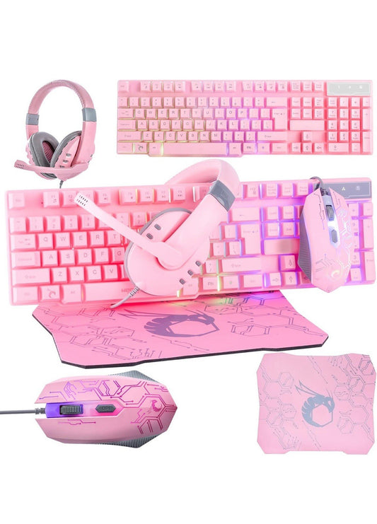 PINK - Gaming Keyboard Mouse Headset Combo,USB Wired Crack Backlit Keyboard