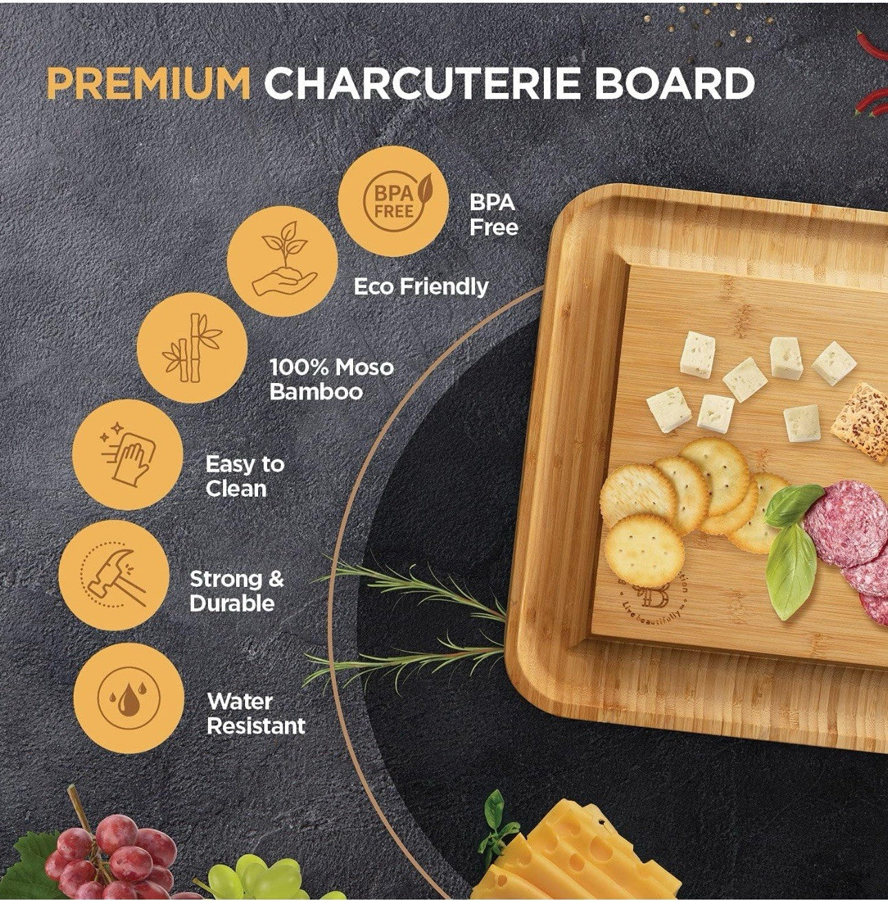 Charcuterie Board - Bamboo Cheese Board Serving - House Warming Gift Set
