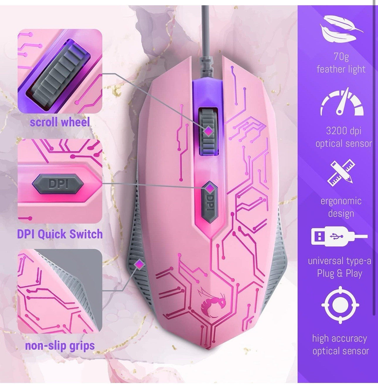 PINK - Gaming Keyboard Mouse Headset Combo,USB Wired Crack Backlit Keyboard