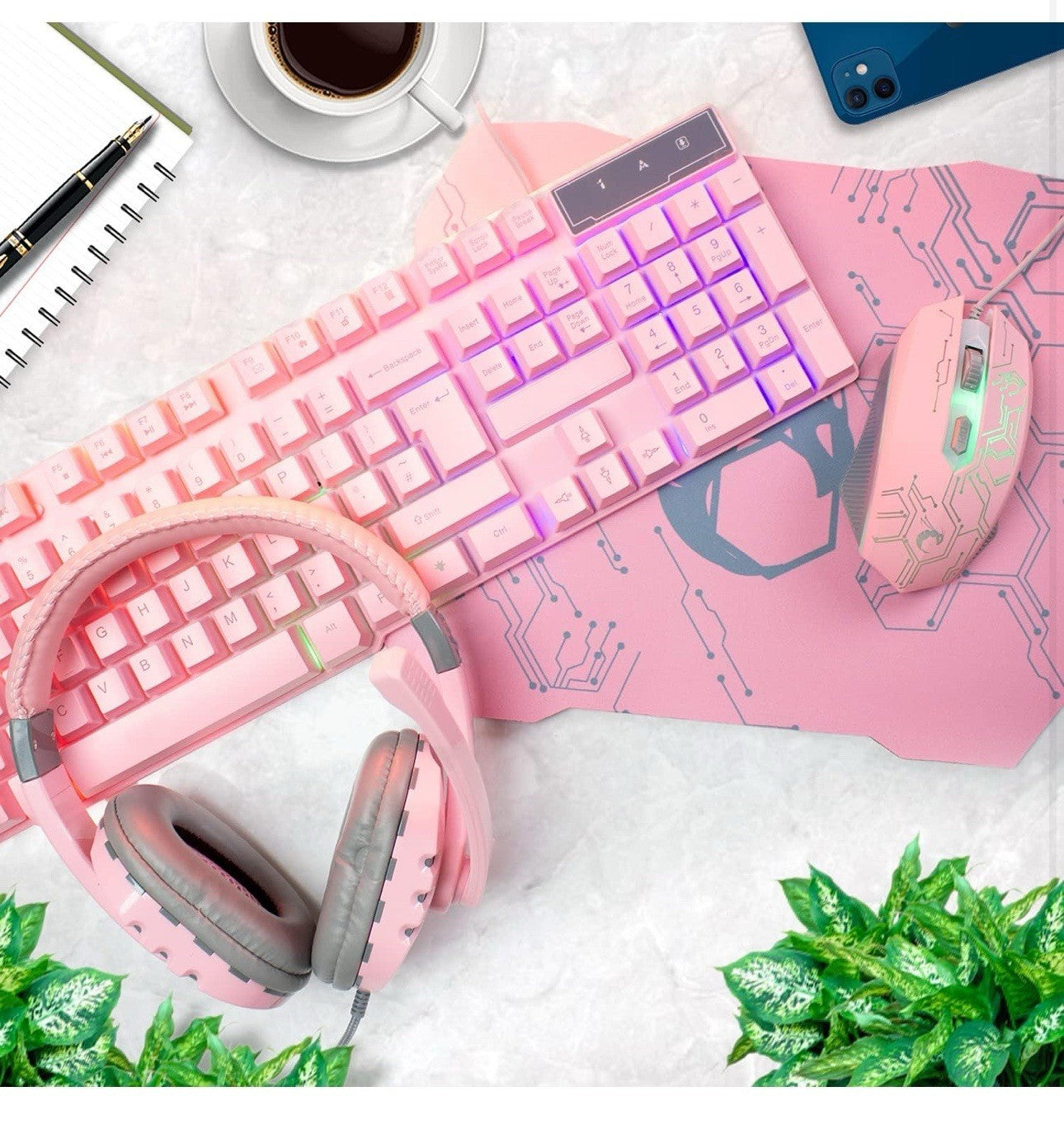 PINK - Gaming Keyboard Mouse Headset Combo,USB Wired Crack Backlit Keyboard