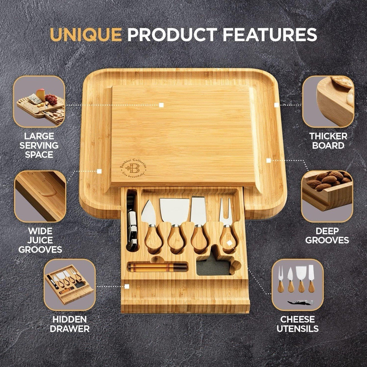 Charcuterie Board - Bamboo Cheese Board Serving - House Warming Gift Set